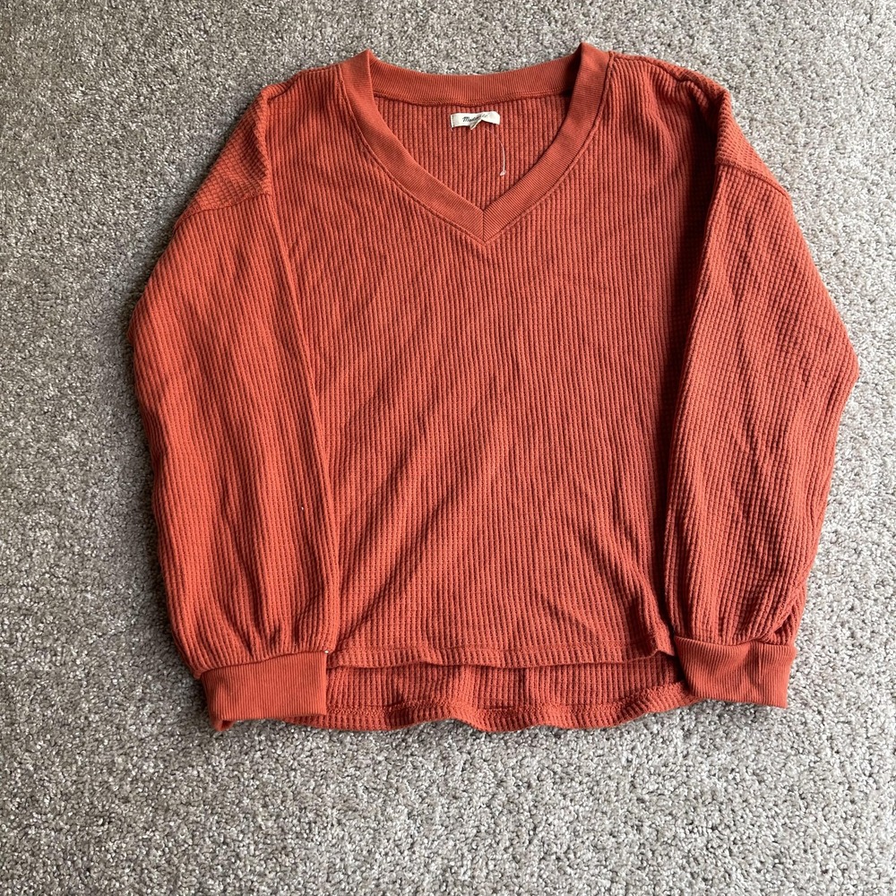 Madewell Sweater Womens Large Orange V Neck Waffle Knit Long Sleeve Pullover